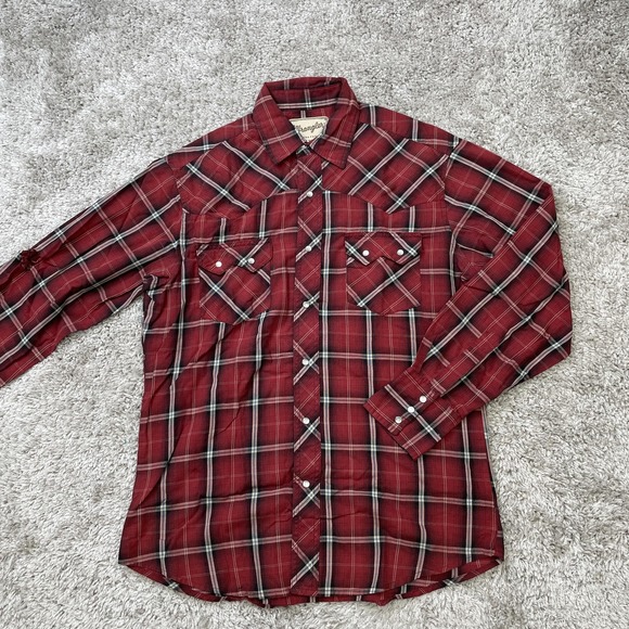 Wrangler Shirt Mens Medium Plaid Western Pearl Snap Long Sleeve Flannel Rodeo - Picture 1 of 12